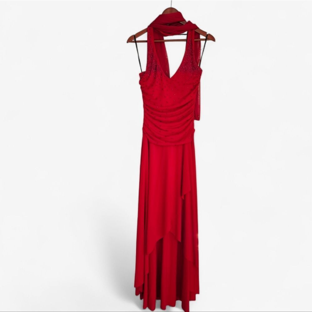 Vintage Fanny USA Y2K '90s Burgundy Beaded Ruched Fairy Halter Dress with Sash S